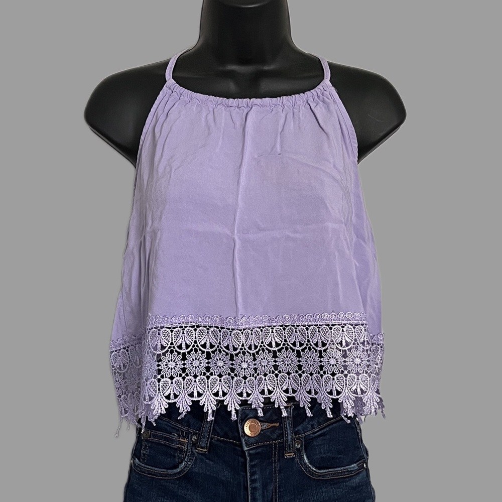 PacSun Lilac Purple Cropped Tank Top with Cinched Neckline and Crochet Lace Trim